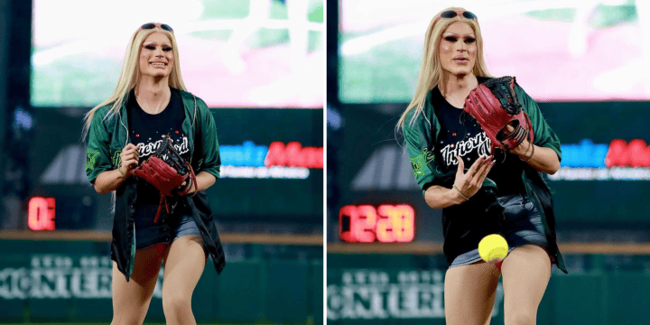 La artista drag queen realizó el primer lanzamiento para el equipo de béisbol "Bravas de León". INSTAGRAM/@bravasdeleon